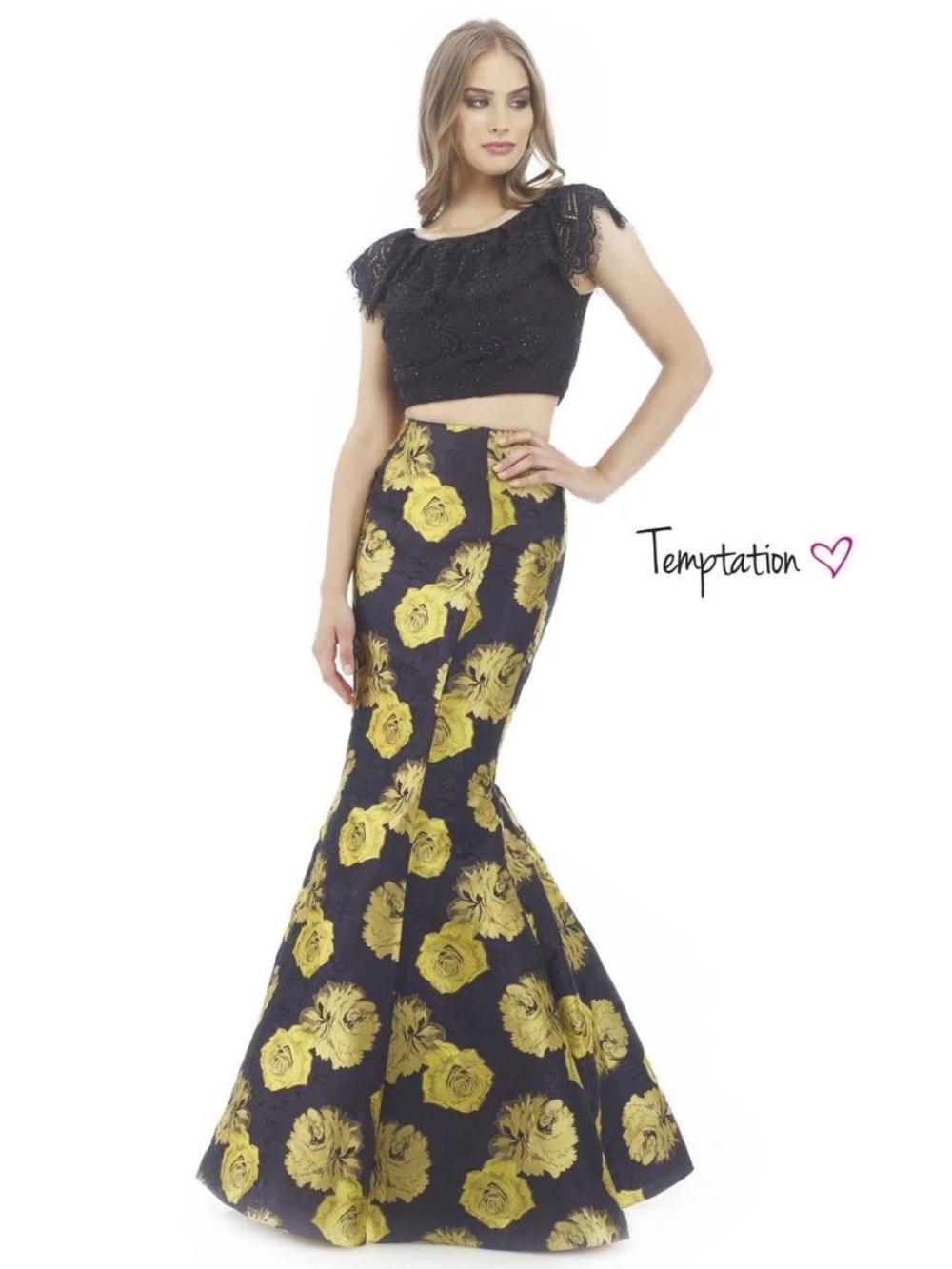 Temptations Black and Yellow Two-Piece Floral Mermaid Prom Dress